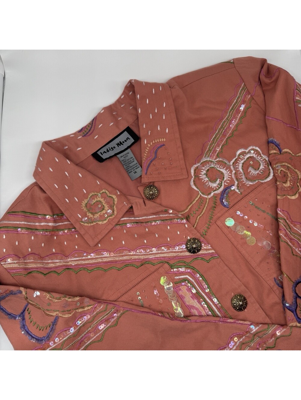 Indigo Moon Boho Beaded Embroidered Button Front Jacket Festival 1X